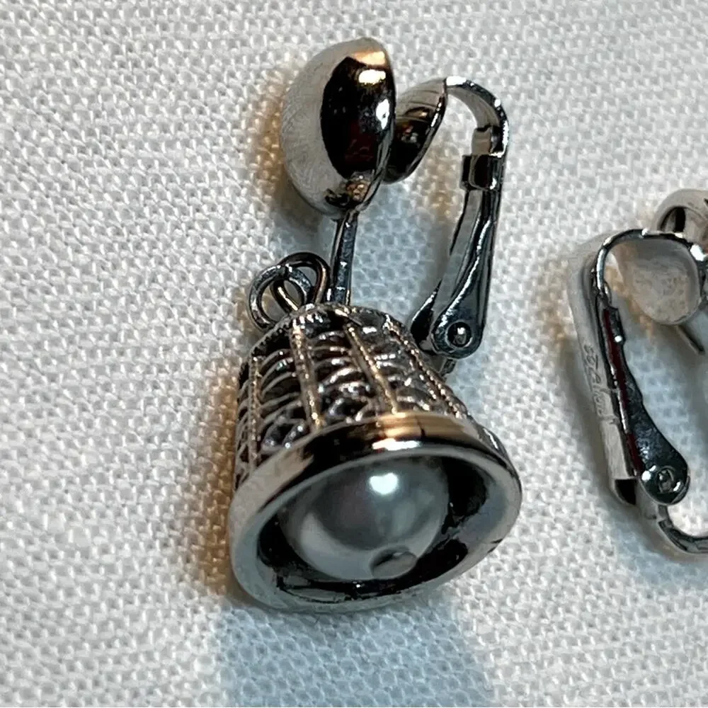 JUDY LEE VINTAGE 1950 MID CENTURY FAUX SILVER BELLS WITH FAUX PEARL EARRINGS